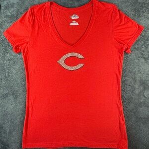 Majestic MLB Cincinnati Reds V-Neck Women's Tee with Embellished C Logo EUC med